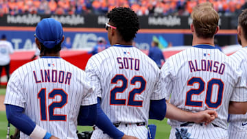 Apr 4, 2025; New York City, New York, USA; New York Mets shortstop Francisco Lindor (12) and right fielder Juan Soto (22) and first baseman Pete Alonso (20) and left fielder Brandon Nimmo (9) stand for the national anthem before the Mets home opener against the Toronto Blue Jays at Citi Field. Mandatory Credit: Brad Penner-Imagn Images