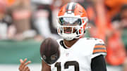 Nov 9, 2025; East Rutherford, New Jersey, USA;  Cleveland Browns Cleveland Browns quarterback Shedeur Sanders (12) before the game against the New York Jets at MetLife Stadium. Mandatory Credit: Robert Deutsch-Imagn Images