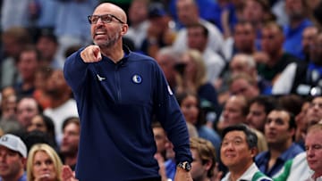 Jun 14, 2024; Dallas, Texas, USA; Dallas Mavericks head coach Jason Kidd calls to his team during game four of the 2024 NBA Finals against the Boston Celtics at American Airlines Center. Mandatory Credit: Peter Casey-Imagn Images