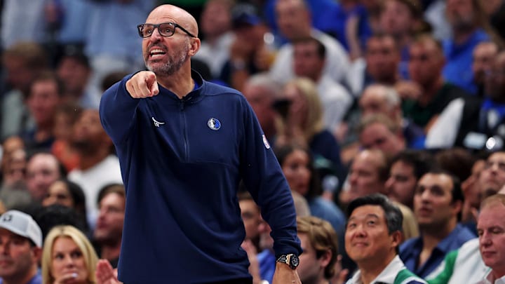 Jun 14, 2024; Dallas, Texas, USA; Dallas Mavericks head coach Jason Kidd calls to his team during game four of the 2024 NBA Finals against the Boston Celtics at American Airlines Center. Mandatory Credit: Peter Casey-Imagn Images