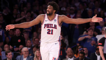 Apr 30, 2024; New York, New York, USA; Philadelphia 76ers center Joel Embiid (21) reacts during overtime in game 5 of the first round of the 2024 NBA playoffs against the New York Knicks at Madison Square Garden. Mandatory Credit: Brad Penner-USA TODAY Sports