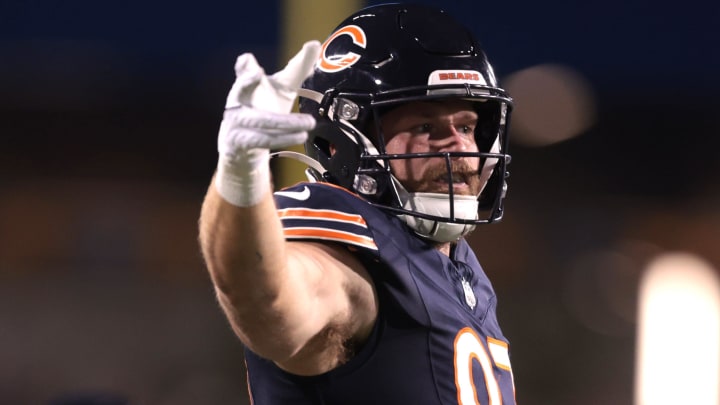 Tight end Tommy Sweeney signals first down after a catch in Thursday's preseason opener. Tight ends had six catches.