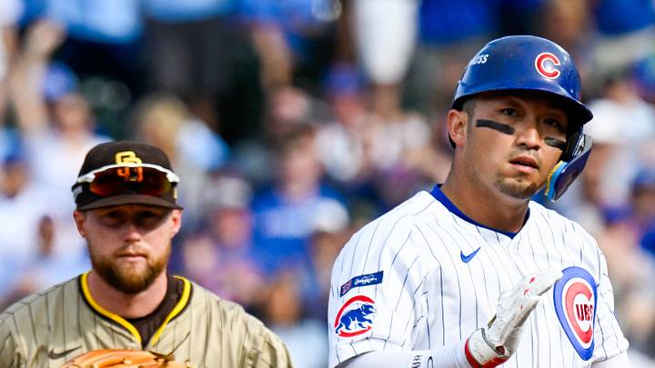 Oct 1, 2025; Chicago, Illinois, USA; Chicago Cubs outfielder Seiya Suzuki (27) reacts after hitting a double in the fourth inning against the San Diego Padres during game two of the Wildcard round for the 2025 MLB playoffs at Wrigley Field. Mandatory Credit: Matt Marton-Imagn Images