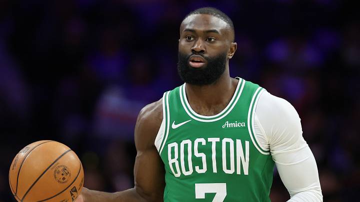 Boston Celtics guard Jaylen Brown (7) dribbles the ball against the Philadelphia 76ers during the first quarter at Xfinity Mobile Arena. 
