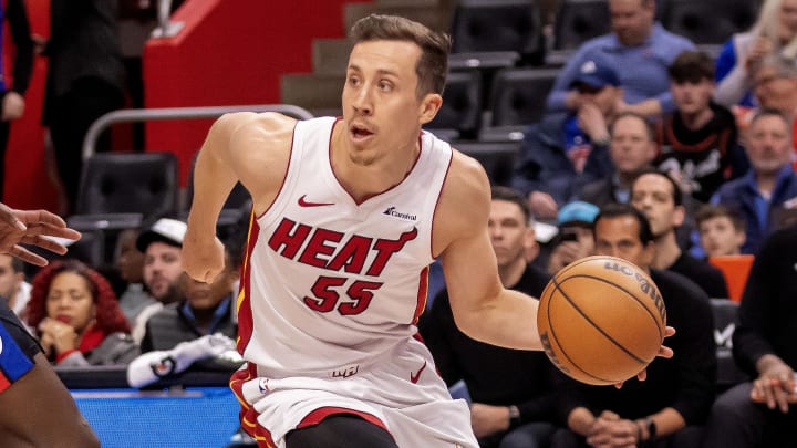 Mar 15, 2024; Detroit, Michigan, USA; Miami Heat forward Duncan Robinson (55) dribbles the ball against the Detroit Pistons during the first quarter at Little Caesars Arena. Mandatory Credit: David Reginek-USA TODAY Sports