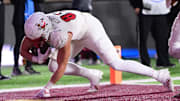 Oct 25, 2024; Chestnut Hill, Massachusetts, USA; Louisville Cardinals tight end Nate Kurisky (85) scores a touchdown against the Boston College Eagles during the second half at Alumni Stadium. Mandatory Credit: Eric Canha-Imagn Images