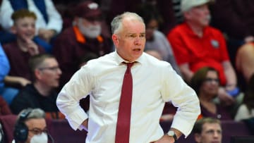 Feb 19, 2024; Blacksburg, Virginia, USA; Virginia Tech Hokies head coach Mike Young shouts instructions to his team during the second half at Cassell Coliseum. Mandatory Credit: Brian Bishop-USA TODAY Sports