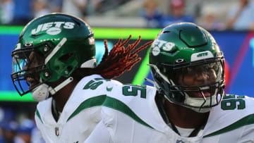 East Rutherford, NJ August 26, 2023 -- Quinnen Williams of the Jets reacts to a sack in the first half. The NY Jets against the NY Giants on August 26, 2023 at MetLife Stadium in East Rutherford, NJ, as the rivals play their final preseason game before the start of the NFL season.