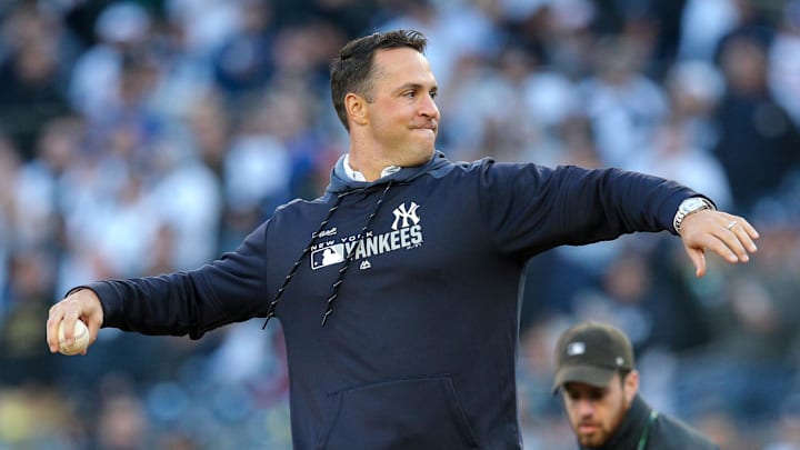 Oct 5, 2019; Bronx, NY, USA; Former New York Yankees' Mark Teixeira throws out a first pitch prior to the game of the Minnesota Twins against the New York Yankees in game two of the 2019 ALDS playoff baseball series at Yankee Stadium. Mandatory Credit: Brad Penner-Imagn Images