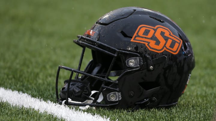 Nov 26, 2022; Stillwater, Oklahoma, USA;   An Oklahoma State helmet is seen before a college football game between Oklahoma State and West Virginia at Boone Pickens Stadium in Stillwater, Okla., Saturday, Nov. 26, 2022. Mandatory Credit: Bryan Terry-USA TODAY Sports