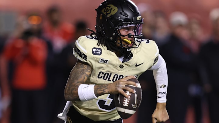 Oct 25, 2025; Salt Lake City, Utah, USA; Colorado Buffaloes quarterback Kaidon Salter (3) scrambles out of the pocket against the Utah Utes during the third quarter at Rice-Eccles Stadium. Mandatory Credit: Rob Gray-Imagn Images