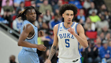 Mar 21, 2025; Raleigh, NC, USA; Duke basketball guard Tyrese Proctor (5) celebrates during the second half against the Mount St. Mary's Mountaineers in the first round of the NCAA Tournament at Lenovo Center.