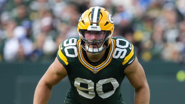 Sep 7, 2025; Green Bay, Wisconsin, USA;  Green Bay Packers defensive lineman Lukas Van Ness (90) during the game against the Detroit Lions at Lambeau Field. Mandatory Credit: Jeff Hanisch-Imagn Images