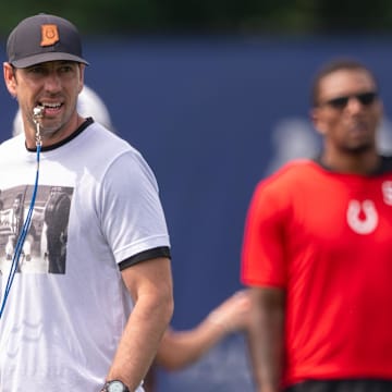Jun 12, 2025; Indianapolis, IN, USA;  Indianapolis Colts head coach Shane Steichen walks on the field during training camp at the Farm Bureau Football complex. Mandatory Credit: Marc Lebryk-Imagn Images