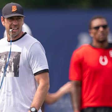 Jun 12, 2025; Indianapolis, IN, USA;  Indianapolis Colts head coach Shane Steichen walks on the field during training camp at the Farm Bureau Football complex. Mandatory Credit: Marc Lebryk-Imagn Images