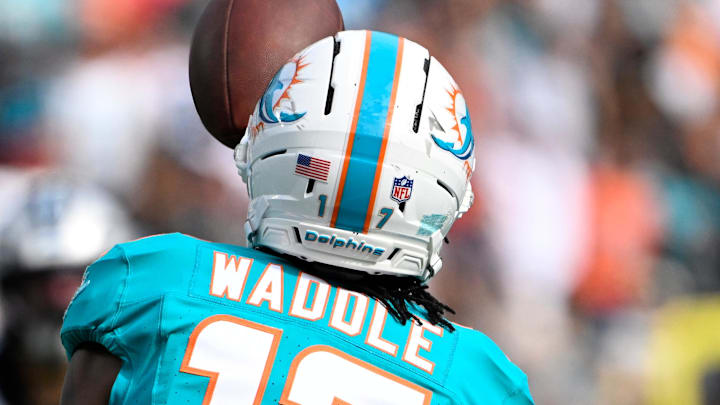 Oct 5, 2025; Charlotte, North Carolina, USA; Miami Dolphins wide receiver Jaylen Waddle (17) catches a touchdown pass in the fourth quarter at Bank of America Stadium. Mandatory Credit: Bob Donnan-Imagn Images