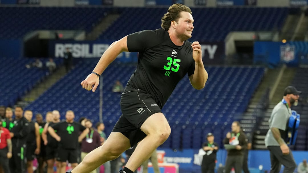 Mar 1, 2026; Indianapolis, IN, USA; Clemson offensive lineman Blake Miller (OL35) during the NFL Scouting Combine at Lucas Oil Stadium. Mandatory Credit: Kirby Lee-Imagn Images