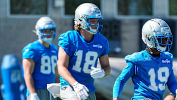 Detroit Lions wide receivers Dominic Lovett (19) and Isaac TeSlaa (18) practice during rookie minicamp at Meijer Performance Center in Allen Park on Friday, May 9, 2025.