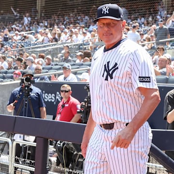 Aug 9, 2025; Bronx, New York, USA;  Former New York Yankees pitcher Roger Clemens during the Old Timer’s Day Ceremony at Yankee Stadium. Mandatory Credit: Wendell Cruz-Imagn Images
