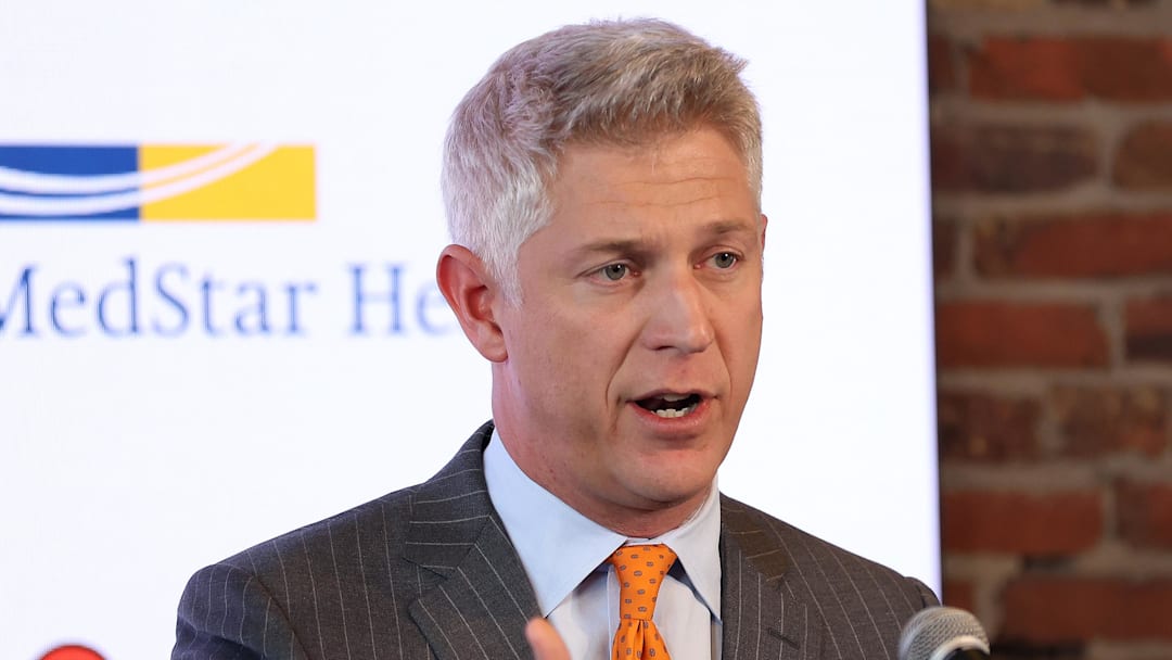 Nov 4, 2025; Baltimore, MD, USA; President of Baseball Operations Mike Elias introduces Craig Albernaz as the Baltimore Orioles new Manager at Warehouse Bar. Mandatory Credit: Daniel Kucin Jr.-Imagn Images