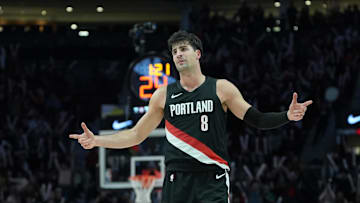 Nov 19, 2025; Portland, Oregon, USA; Portland Trail Blazers forward Deni Avdija (8) celebrates  after making a three-point shot during the second half against the Chicago Bulls at Moda Center. Mandatory Credit: Soobum Im-Imagn Images