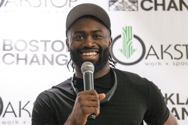 Jaylen Brown speaks at the launch of the Oakland XChange.