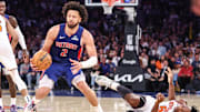 Apr 19, 2025; New York, New York, USA; New York Knicks forward OG Anunoby (8) falls down while guarding Detroit Pistons guard Cade Cunningham (2) in Game One of the First Round of the NBA Playoffs at Madison Square Garden. Mandatory Credit: Wendell Cruz-Imagn Images