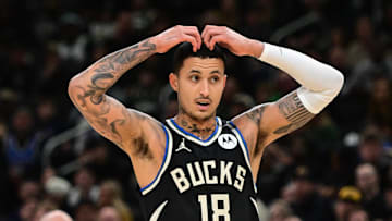 Apr 27, 2025; Milwaukee, Wisconsin, USA; Milwaukee Bucks forward Kyle Kuzma (18) reacts in the third quarter against the Indiana Pacers during game four of first round for the 2024 NBA Playoffs at Fiserv Forum. Mandatory Credit: Benny Sieu-Imagn Images