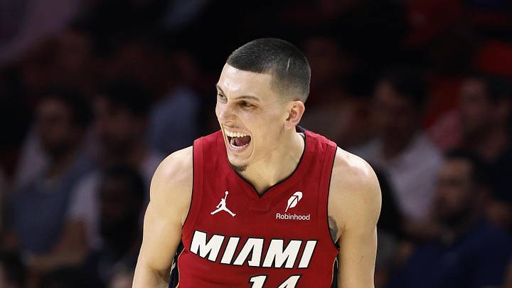 Mar 8, 2026; Miami, Florida, USA;  Miami Heat guard Tyler Herro (14) reacts against the Detroit Pistons during the second half at Kaseya Center. Mandatory Credit: Rhona Wise-Imagn Images