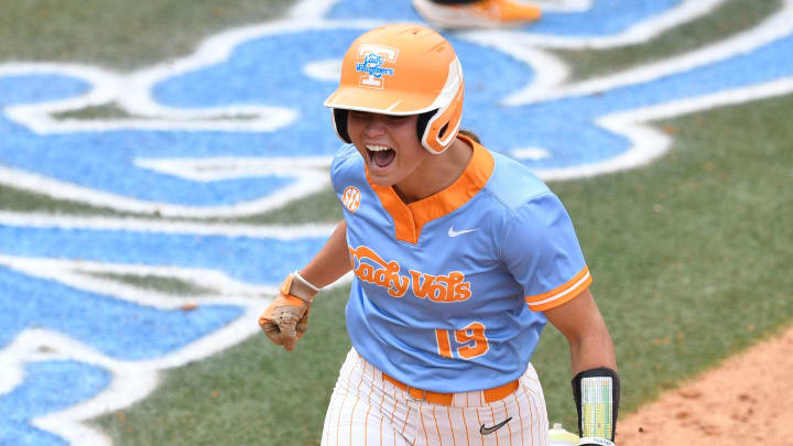 Tennessee's Jamison Brockenbrough (19) yells out as she scores a run during the the NCAA softball super regional against Texas in Knoxville,Tenn. on Saturday, May 27, 2023.