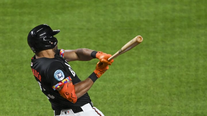 Baltimore Orioles right fielder Anthony Santander (25) swings through a eighth inning grand slam against the Houston Astros at Oriole Park at Camden Yards on Aug 23.