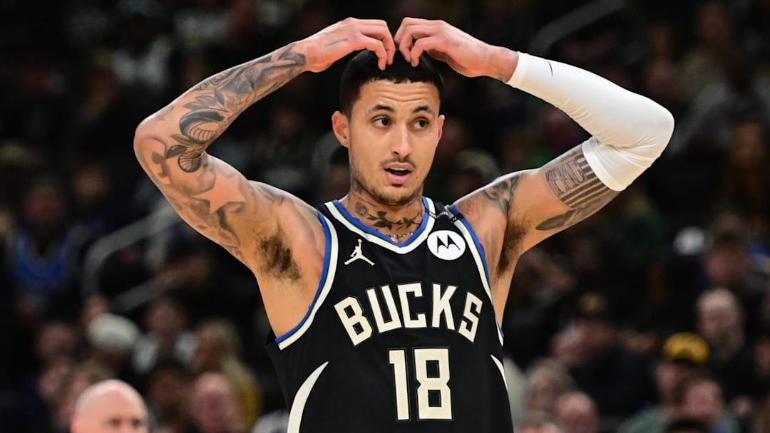 Apr 27, 2025; Milwaukee, Wisconsin, USA; Milwaukee Bucks forward Kyle Kuzma (18) reacts in the third quarter against the Indiana Pacers during game four of first round for the 2024 NBA Playoffs at Fiserv Forum. Mandatory Credit: Benny Sieu-Imagn Images
