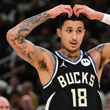 Apr 27, 2025; Milwaukee, Wisconsin, USA; Milwaukee Bucks forward Kyle Kuzma (18) reacts in the third quarter against the Indiana Pacers during game four of first round for the 2024 NBA Playoffs at Fiserv Forum. Mandatory Credit: Benny Sieu-Imagn Images