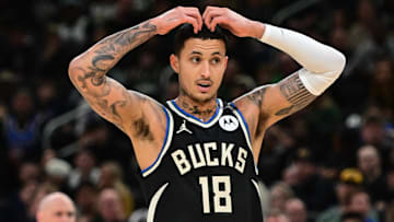Apr 27, 2025; Milwaukee, Wisconsin, USA; Milwaukee Bucks forward Kyle Kuzma (18) reacts in the third quarter against the Indiana Pacers during game four of first round for the 2024 NBA Playoffs at Fiserv Forum. Mandatory Credit: Benny Sieu-Imagn Images