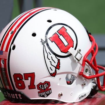 A general view of the helmet used by the White team in the Utah Spring Football Game at Rice-Eccles Stadium.