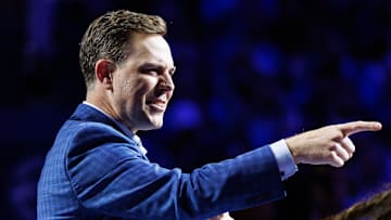 Dec 2, 2025; Lexington, Kentucky, USA; Incoming Kentucky Wildcats head football coach Will Stein is introduced during the first half against the North Carolina Tar Heels at Rupp Arena at Central Bank Center. Mandatory Credit: Jordan Prather-Imagn Images