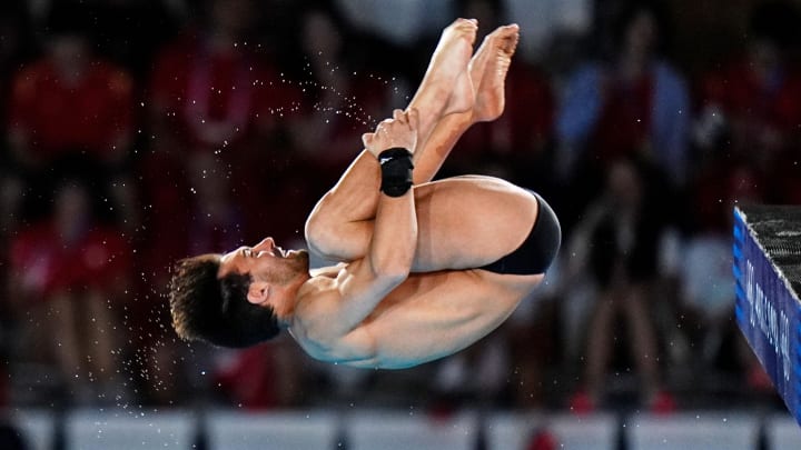 Aug 9, 2024; Paris, France; Brandon Loschiavo (USA) competes in the men's 10m platform preliminary round during the Paris 2024 Olympic Summer Games at Aquatics Centre. Mandatory Credit: Sarah Phipps-USA TODAY Sports