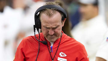 Feb 9, 2025; New Orleans, LA, USA;  Kansas City Chiefs defensive coordinator Steve Spagnuolo against the Philadelphia Eagles in Super Bowl LIX at Ceasars Superdome. Mandatory Credit: Mark J. Rebilas-Imagn Images