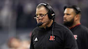 Dec 26, 2024; Phoenix, AZ, USA; Rutgers Scarlet Knights head coach Greg Schiano against the Kansas State Wildcats during the Rate Bowl at Chase Field. Mandatory Credit: Mark J. Rebilas-Imagn Images