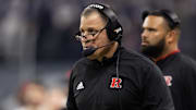 Dec 26, 2024; Phoenix, AZ, USA; Rutgers Scarlet Knights head coach Greg Schiano against the Kansas State Wildcats during the Rate Bowl at Chase Field. Mandatory Credit: Mark J. Rebilas-Imagn Images