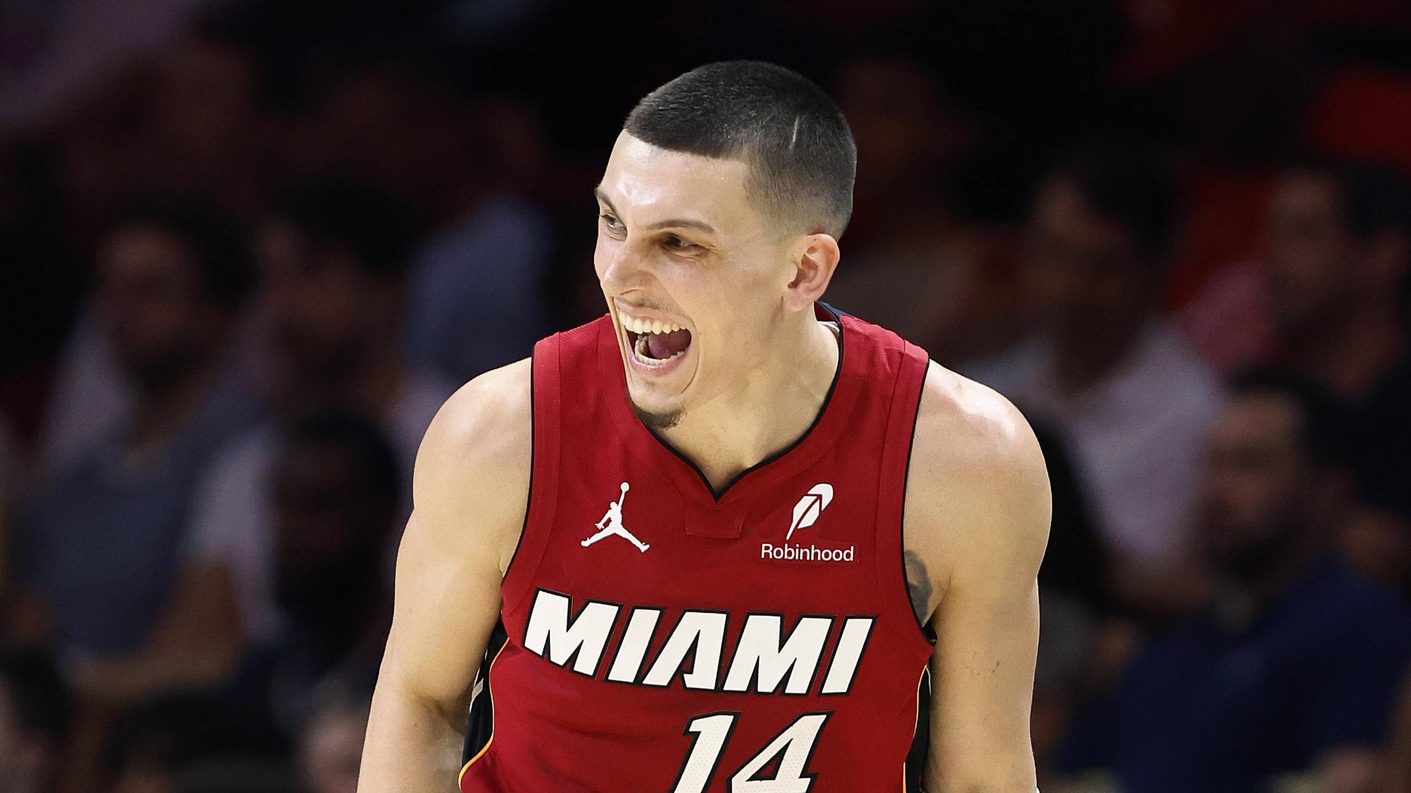 Mar 8, 2026; Miami, Florida, USA; Miami Heat guard Tyler Herro (14) reacts against the Detroit Pistons during the second half at Kaseya Center. Mandatory Credit: Rhona Wise-Imagn Images
