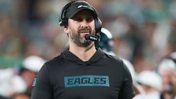Aug 22, 2025; East Rutherford, New Jersey, USA;  Philadelphia Eagles head coach Nick Sirianni reacts during the second half against the New York Jets at MetLife Stadium.