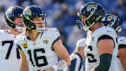Jacksonville Jaguars quarterback Trevor Lawrence (16) gets up after running in a two point conversion against the Tennessee Titans during the second quarter at Nissan Stadium in Nashville, Tenn., Sunday, Nov. 30, 2025.