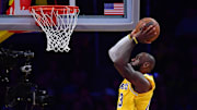 Apr 30, 2025; Los Angeles, California, USA; Los Angeles Lakers forward LeBron James (23) moves in for the dunk 