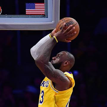Apr 30, 2025; Los Angeles, California, USA; Los Angeles Lakers forward LeBron James (23) moves in for the dunk against the Minnesota Timberwolves during the second half in game five of first round for the 2025 NBA Playoffs at Crypto.com Arena. Mandatory Credit: Gary A. Vasquez-Imagn Images