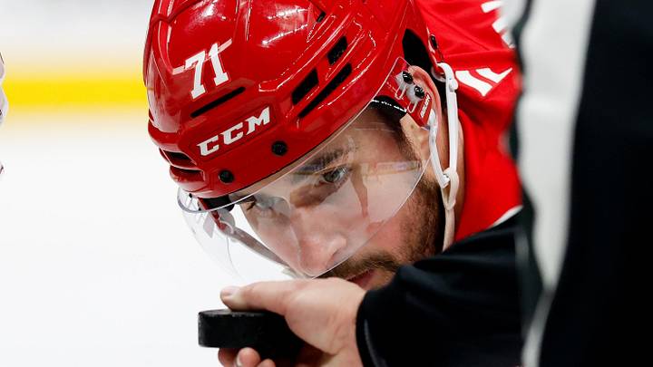 Apr 7, 2026; Detroit, Michigan, USA;  Detroit Red Wings center Dylan Larkin (71) gets set to face off Columbus Blue Jackets center Charlie Coyle (3) in the second period at Little Caesars Arena. Mandatory Credit: Rick Osentoski-Imagn Images