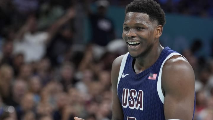 Jul 28, 2024; Villeneuve-d'Ascq, France; United States guard Anthony Edwards (5) reacts after a play in the second quarter against Serbia during the Paris 2024 Olympic Summer Games at Stade Pierre-Mauroy. Mandatory Credit: John David Mercer-USA TODAY Sports