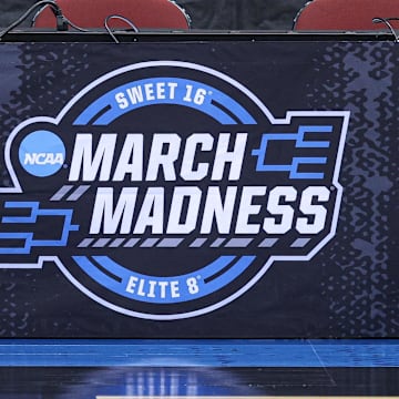 Mar 26, 2025; Newark, NJ, USA; General view of a NCAA March Madness logo during a practice sessions in preparation for an East Regional semifinal games at Prudential Center. Mandatory Credit: Vincent Carchietta-Imagn Images