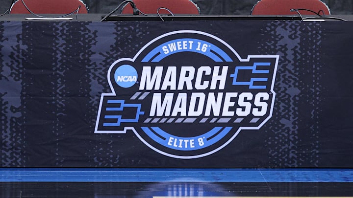 Mar 26, 2025; Newark, NJ, USA; General view of a NCAA March Madness logo during a practice sessions in preparation for an East Regional semifinal games at Prudential Center. Mandatory Credit: Vincent Carchietta-Imagn Images Mar 26, 2025; Newark, NJ, USA; General view of a NCAA March Madness logo during a practice sessions in preparation for an East Regional semifinal games at Prudential Center. Mandatory Credit: Vincent Carchietta-Imagn Images