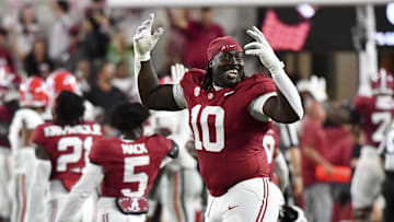 Sep 28, 2024; Tuscaloosa, Alabama, USA;  Alabama Crimson Tide defensive lineman Jehiem Oatis (10) celebrates after defeating the Georgia Bulldogs. Mandatory Credit: Gary Cosby Jr.-Imagn Images